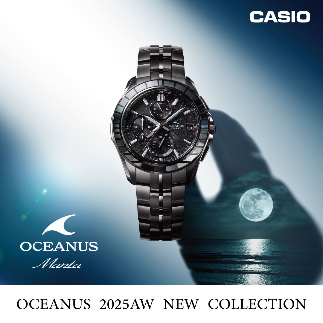OCEANUS　Manta（マンタ）<br />
品番：OCW-S7000CN-1AJF<br />
価格：308,000円（税込）<br />
<br />
スペック：<br />
・標準電波受信（世界6局）<br />
・タフソーラー<br />
・モバイルリンク機能<br />
・両面反射防止コーティングデュアルカーブサファイアガラス<br />
・ケース/バンド：DLC処理<br />
・10気圧防水機能<br />
・サイズ（H×W×D）47.5×42.8×9.8mm<br />
・質量　81g<br />
<br />
上質な仕上げと薄く美しいフォルムを追求している「OCEANUS Manta<br />
（オシアナス マンタ）」ライン。<br />
OCW-S7000CNは、その洗練された大人のエレガンススタイルを、「CALM NIGHT」というコンセプトで体現。月の光に照らされた夜の静かな海を、オールブラックのチタン外装と江戸切子のサファイアガラスベゼルで表現した限定モデルです。<br />
千筋とよばれる伝統文様を刻んだベゼルは、江戸切子職人・堀口徹氏自ら意匠を監修。匠の技を駆使した繊細かつ精密なカッティングで、夜空に輝く月明かりとその明かりが彩る海を描きました。透明感のなかに深みと輝きを生み出す色調は、ブラックとシルバーのグラデーション蒸着によるもの。どこまでも続くような広大な海を表現し、見る角度によってブルーに偏光することでオシアナスらしい表情を醸し出します。<br />
新たな表現手法でオシアナスが追求するものづくりのこだわりを具現化した特別モデル。世界限定1600本でお届けします。<br />
<br />
-------------------------------------------------------------------------------------------------------------------<br />
<br />
【CASIO PREMIUM WATCH FAIR】<br />
<br />
期間：12月3日（水）～12月25日（木）<br />
店舗：大丸札幌店　5階 時計売場　カシオコーナー<br />
<br />
フェア期間中、対象商品をお買い上げのお客さまにオリジナルのノベルティをプレゼント！　<br />
※ノベルティは数に限りがございますので予めご了承ください。<br />
<br />
