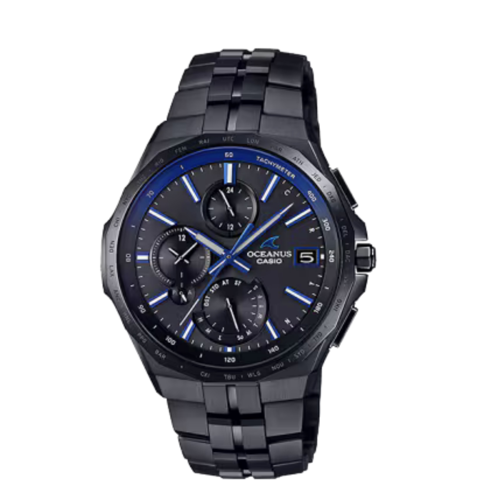 Elegance, Technology”をブランドコンセプトに、上質な仕上げと薄く美しいフォルムを追求しているOCEANUSマンタ。 <br />
<br />
デザイン面では、耐摩耗性にすぐれるDLC加工を採用し、オールブラックで精悍なモデル<br />
見切り板には黒から青へのグラデーションを用い、時字・時分針などポイントでブルーを採用しています。<br />
<br />
ケース・ベゼル材質：チタン<br />
<br />
バンド：無垢バンド<br />
メタルバンド（チタン）<br />
スライドアジャスト機構付きワンプッシュ三つ折れ式中留<br />
<br />
使用電源・電池寿命：タフソーラー（ソーラー充電システム）<br />
<br />
時刻修正<br />
電波時計 日本・北米・ヨーロッパ・中国地域対応 MULTIBAND6<br />
Bluetooth：スマートフォンと接続し時刻を自動修正<br />
<br />
ガラス：両面反射防止コーティングサファイアガラス（デュアルカーブ）<br />
<br />
防水性：10気圧防水<br />
<br />
表面加工：DLC処理<br />
<br />
<br />
<br />
<br />
