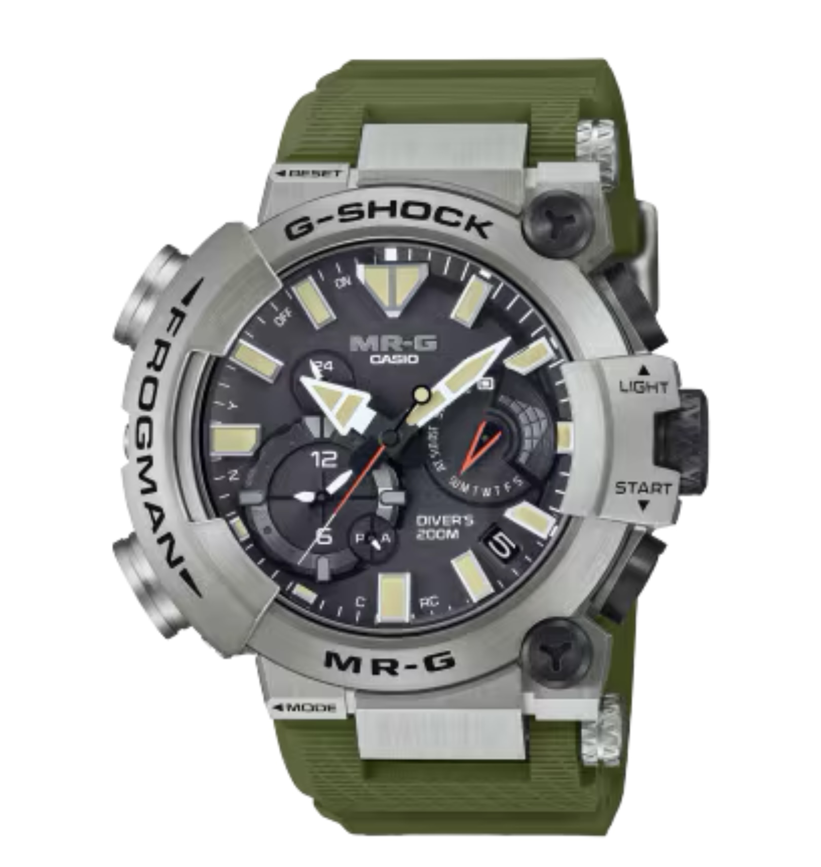 G-SHOCKの最上級ラインであるMR-Gシリーズ。<br />
ISO規格200ｍ潜水用防水機能を持つ本格ダイバーズウオッチ「FROGMAN」にチタン外装を採用し、丹念な仕上げを施したMR-Gです。<br />
<br />
ケースサイズ（縦×横×厚さ）：56 × 49.7 × 18.6 mm<br />
<br />
質量：132g<br />
<br />
ケース・ベゼル材質：チタン<br />
<br />
バンド：デュラソフトバンド（フッ素ラバー）<br />
<br />
構造：耐衝撃構造（ショックレジスト）<br />
耐磁時計（JIS1種）<br />
<br />
防水性：ISO200m潜水用防水<br />
<br />
時刻修正<br />
電波時計 日本・北米・ヨーロッパ・中国地域対応 MULTIBAND6<br />
Bluetooth：スマートフォンと接続し時刻を自動修正<br />
<br />
使用電源・電池寿命：タフソーラー（ソーラー充電システム）<br />
<br />
ガラス：内面反射防止コーティングサファイアガラス<br />
球面・曲面ガラス<br />
<br />
リューズ：ねじロック式リューズ<br />
<br />
裏蓋：スクリューバック<br />
<br />
表面加工<br />
深層硬化処理+TIC処理<br />
<br />
バンド装着可能サイズ：150～220mm<br />
<br />
その他：ネオブライト<br />
