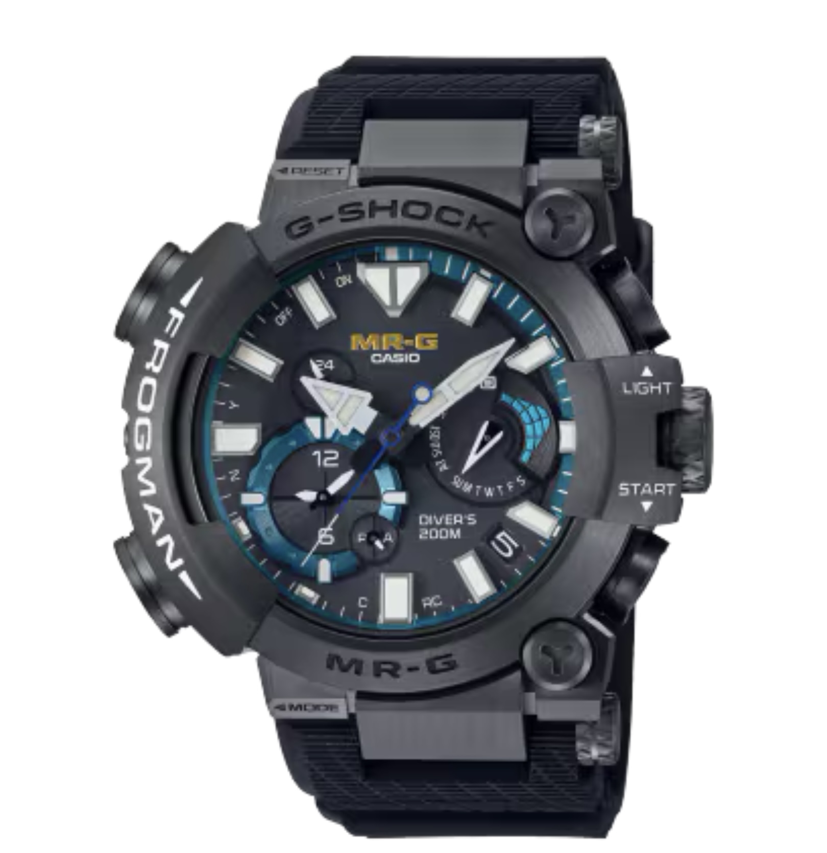 G-SHOCKの最上級ライン「MR-G」<br />
ISO規格200ｍ潜水用防水機能を持つダイバーズウオッチ「FROGMAN（フロッグマン）」にチタン外装を採用し、丹念な仕上げを施してつくりあげたMR-Gです。<br />
左右非対称の複雑な形状をMR-Gとしてチタンで製品化するにあたり、パーツを分割して構成し細部まで研磨を施すことで、より高い質感に仕上げることができました。フロッグマンの持つ高い防水性を確保するＯリングや耐衝撃性を保つ緩衝体を含めると、70を超える外装部品で組み上げられています。<br />
<br />
ケースサイズ（縦×横×厚さ）：56 × 49.7 × 18.6 mm<br />
<br />
質量：132 g<br />
<br />
ケース・ベゼル材質：チタン<br />
<br />
デュラソフトバンド（フッ素ラバー）<br />
<br />
耐衝撃構造（ショックレジスト）<br />
<br />
ISO200m潜水用防水<br />
<br />
タフソーラー（ソーラー充電システム）<br />
<br />
電波時計<br />
<br />
モバイルリンク機能