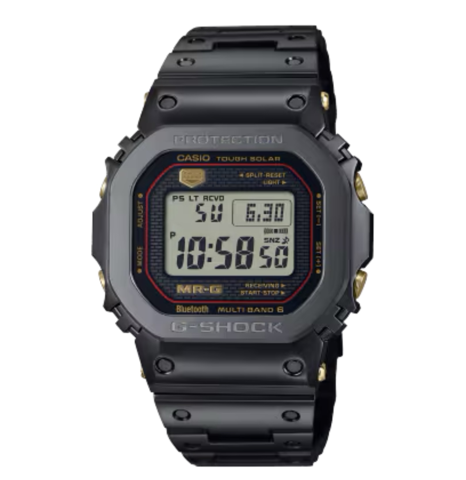 G-SHOCKの最上級ライン「MR-G」<br />
MRG-B5000は、G-SHOCK初代モデルのDW-5000Cを金属素材と丹念な仕上げによりMR-Gとしてつくり上げたモデルです。複雑な形状のベゼルを25個の部品で構成。パーツごとに細部まで研磨を施すことができ、より高い質感に仕上がりました。また、ベゼルパーツの間に緩衝体を備えることで強度を高めたマルチガードストラクチャーを開発。ケースには64チタンをベースとした高硬度のチタンを、バンドには高い硬度を持ちながら加工性に優れたチタン合金「DAT55G」を採用。ベゼルトップにはプラチナと同等の輝きを持つといわれるコバルトクロム合金「コバリオン」を採用しています。<br />
<br />
ケースサイズ（縦×横×厚さ）：49.4 × 43.2 × 12.9 mm<br />
<br />
質量：114 g<br />
<br />
ケース・ベゼル材質：チタン　メタルバンド（チタン）<br />
<br />
タイトロック機構付き中留<br />
<br />
耐衝撃構造（ショックレジスト）<br />
<br />
20気圧防水