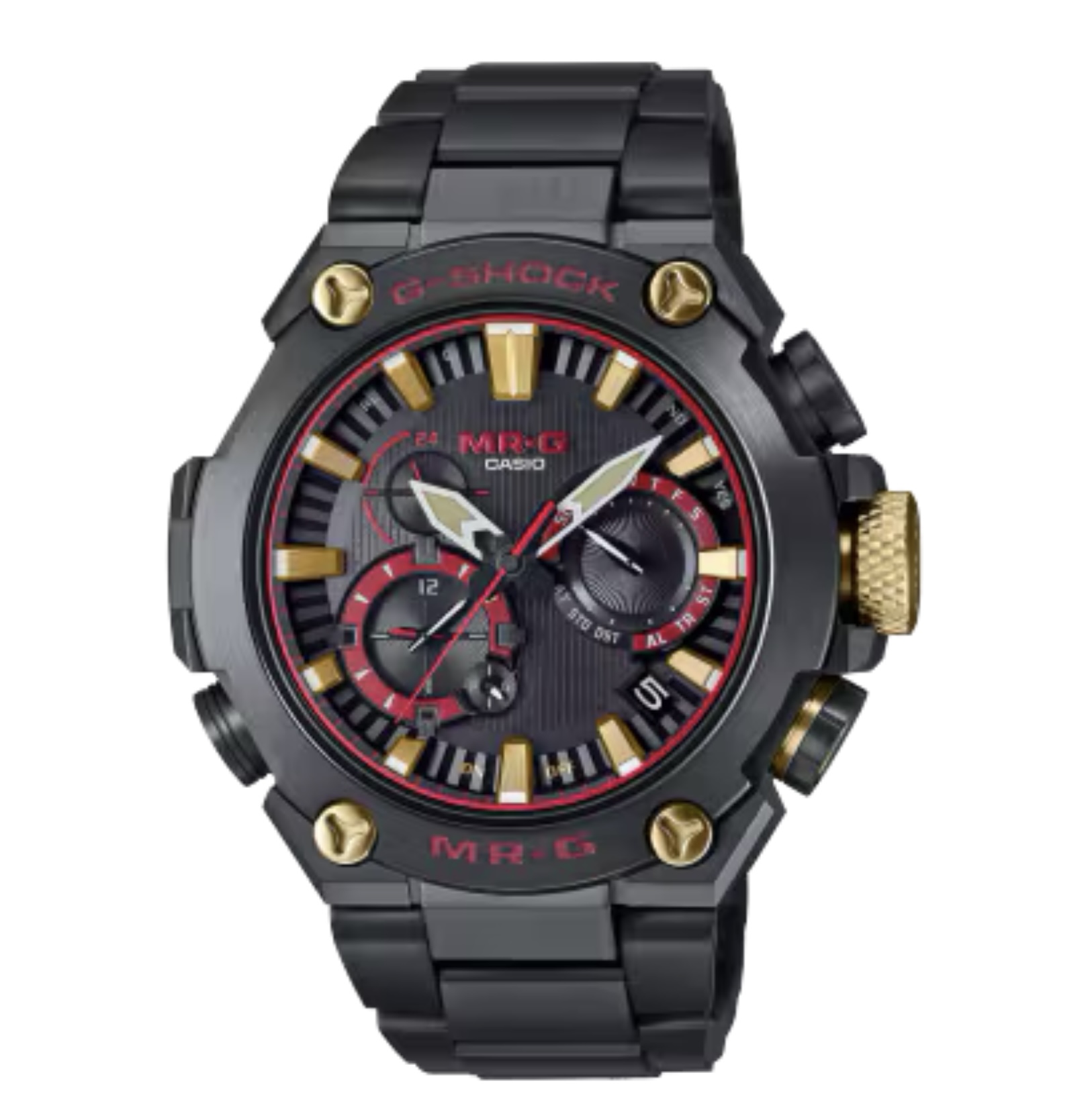 G-SHOCK最上級ラインの「MR-G」シリーズ。<br />
MRG-B2000は、構造、機能、素材、仕上げなど細部までこだわり、日本古来より受け継がれてきた強さや美意識を継承するMR-Gです。文字板の外周部には扇や屏風をイメージしたカットを施すことで、シンプルでありながら華やかなテクスチャーを入れています。また、インデックスには、山形カシオのナノ加工技術ならではの美しいエッジや曲面への挽き目加工を施し、日本刀の反りを表現しています。このモデルでは戦国時代の部隊編成である「赤備え」をテーマに、古来より強さの象徴とされてきた「赤」をベゼルの色埋め部や文字板の随所に配色。G-SHOCKのブランドカラーである黒と赤のイメージと重ねることで、時代を超えて生き続ける唯一無二の強さが表現されています。<br />
<br />
ケースサイズ（縦×横×厚さ）：54.7 × 49.8 × 16.9 mm<br />
<br />
質量：150 g<br />
<br />
ケース・ベゼル材質：チタン　メタルバンド（チタン）<br />
<br />
タイトロック機構付き中留<br />
<br />
耐衝撃構造（ショックレジスト）<br />
<br />
20気圧防水<br />
<br />
ソーラー電波時計 <br />
<br />
モバイルリンク機能<br />
