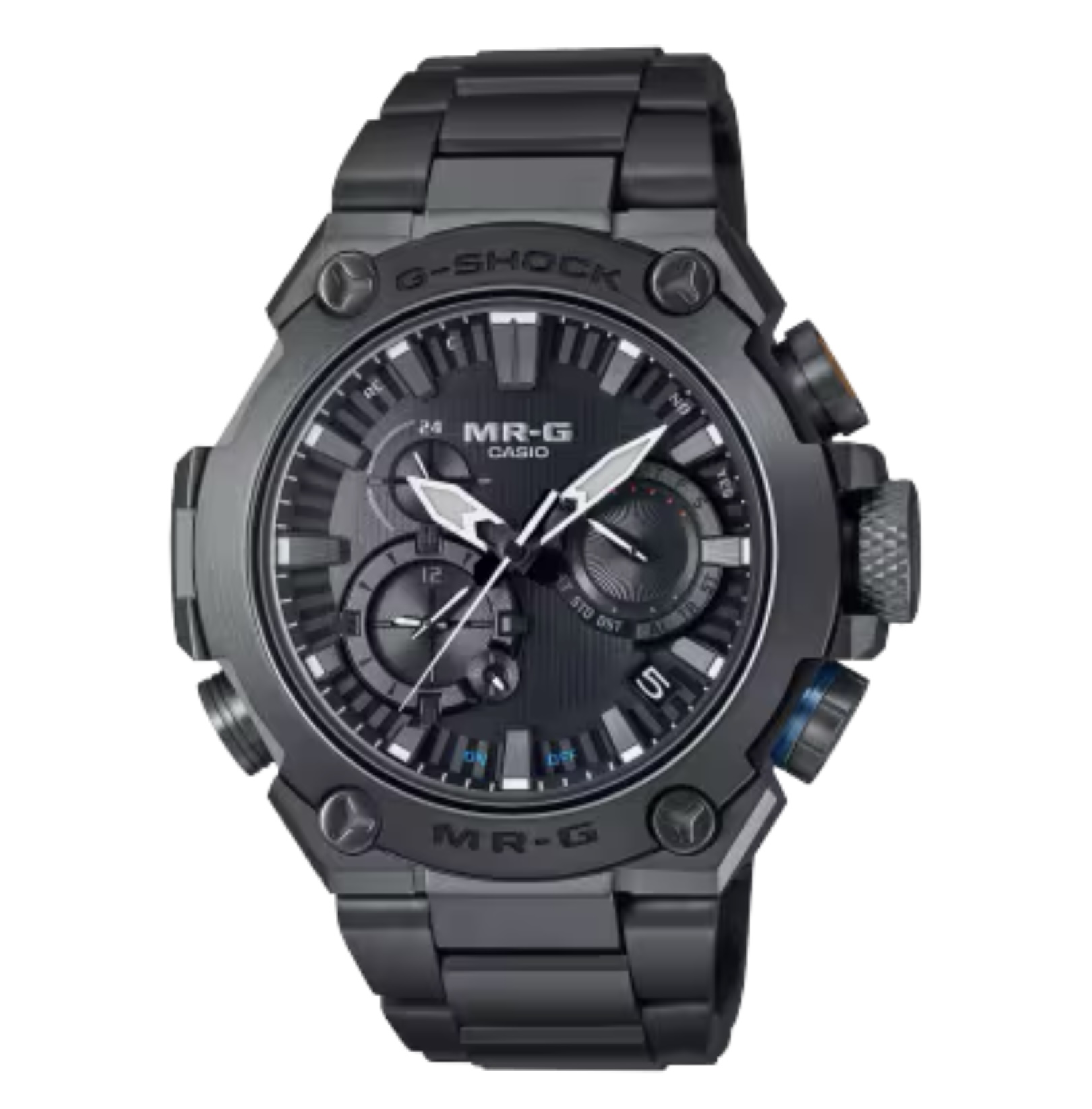 G-SHOCK最上級ラインの「MR-G」シリーズ。<br />
MRG-B2000は、構造、機能、素材、仕上げなど細部までこだわり、日本古来より受け継がれてきた強さや美意識を継承するMR-Gです。文字板の外周部には扇や屏風をイメージしたカットを施すことで、シンプルでありながら華やかなテクスチャーを入れています。<br />
<br />
ケースサイズ（縦×横×厚さ）：54.7 × 49.8 × 16.9 mm<br />
<br />
質量：150 g<br />
<br />
ケース・ベゼル材質：チタン　メタルバンド（チタン）<br />
<br />
タイトロック機構付き中留<br />
<br />
耐衝撃構造（ショックレジスト）<br />
<br />
20気圧防水<br />
<br />
ソーラー電波時計<br />
<br />
モバイルリンク機能