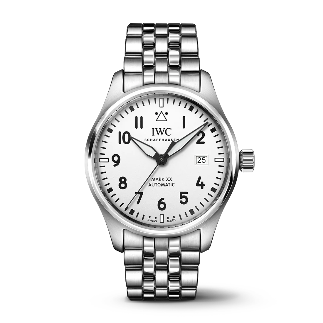 型番：IW328208<br />
ムーヴメント：自動巻きIWC自社製キャリバー<br />
ケース径：40mm<br />
防水：10気圧防水<br />
<br />
価格：1,001,000円(税込)<br />
<br />
シンプルを極めた美しさを持つ「マーク XX」<br />
パイロット・ウォッチのデザインと技術的な機能性を精選し、純粋な形で表現したタイムピース。このモデルは、伝説的な「マーク 11」の後継にあたります。<br />
<br />
「マーク XX」のケース径は40mmで、堅牢かつ耐食性に優れたステンレススティール製を採用。<br />
ホワイトの文字盤にブラックの針が配されたシンプルで高い視認性を確保しています。<br />
文字盤の上では、ブラックの数字とインデックス、そして12時位置のトライアングル・インデックスが明瞭なコントラストを成し、夜光塗料を施したディテールがどんな環境でも視認性を約束します。<br />
また、自動巻き機構を備えるIWC自社製キャリバー32111が正確に時を刻み、120時間のパワーリザーブを蓄えるのも魅力的な1つ。<br />
フロントガラスは特にしっかりと取り付けられているため、急激な気圧変化の際にもケースから外れることがありません。「パイロット・ウォッチ・マーク XX」は10気圧防水で、5連リンクのステンレススティール製ブレスレットは 「EasX-CHANGE®」システムを採用。特別な工具を使わずに、簡単に別のストラップやブレスレットと交換が可能です。