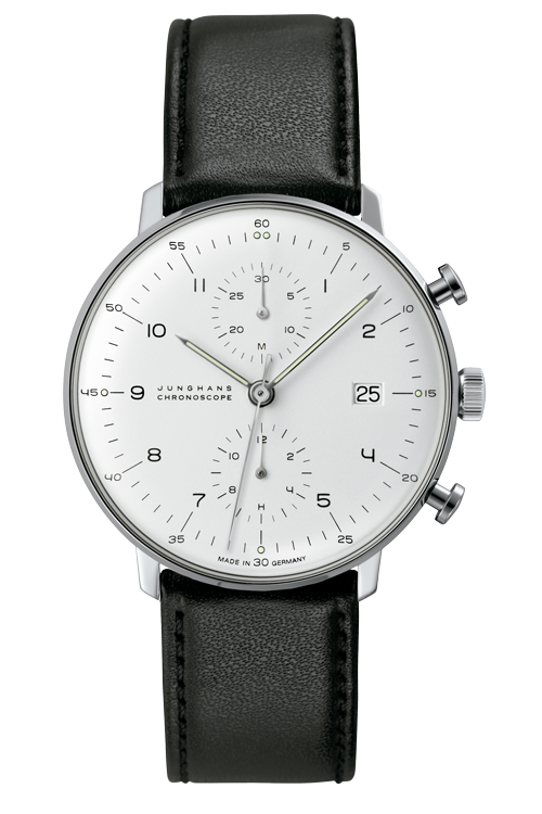 JUNGHANS　ユンハンス　ドイツ　自動巻　機械式　ｸﾛﾉｸﾞﾗﾌ　レザー　ブラック　白文字盤　シンプル　ビジネス　普段使い　ユニセックス　おしゃれ　クラシック　ﾏｯｸｽﾋﾞﾙ　クロノスコープ