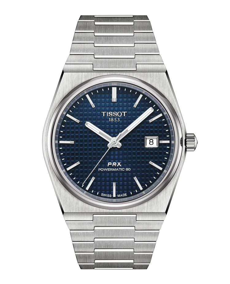 TISSOT　ティソ　PRX　PRXクオーツ　腕時計　おすすめ　安い　安価　お洒落　おしゃれ　高級感　青　青い　シルバー　ステンレススチール　自動巻き　10気圧　ブルー　レトロ　スリム　クール　ロングパワーリザーブ　ポリッシュ仕上げ　ベゼル　上質　上品　シースルーバック　ひげゼンマイ　高精度