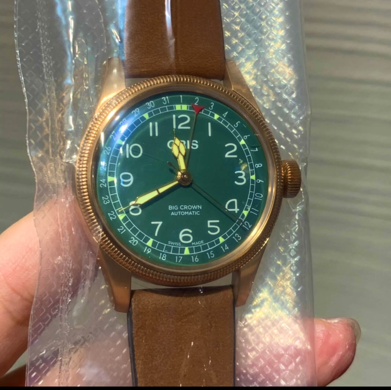 オリス　ORIS　01 754 7741 3167-07 5 20 58BR　パイロット　グリーン　機械式時計　ビッククラウン　3針　自動巻　ブロンズ　80周年