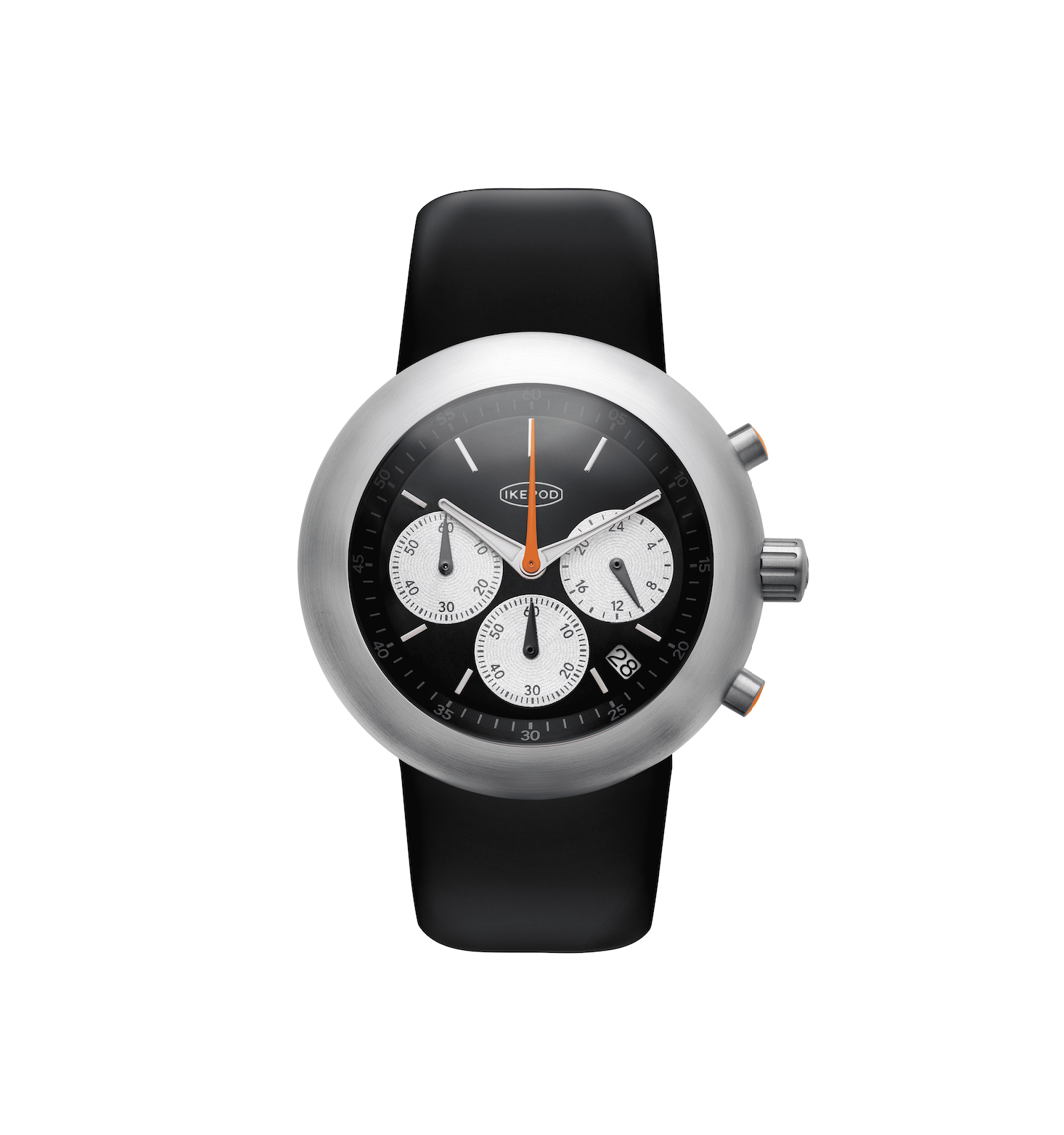 IKEPOD / New Chronopod / IPC001SILB / C001 Panda Pod　Ikepod（アイクポッド）復活のクロノグラフ「NEW CHRONOPOD」。2000年代に時計ブームを楽しんだ方に懐かしい、マーク・ニューソンが生み出した流線形UFO型ケースを継承しつつ、エマニュエル・ギョエのデザインダイヤルと日本製クロノグラフムーブメントを搭載。幻の「HEMIPOD」へのオマージュでありながら、ドーム型サファイア風防と快適なシリコンラバーストラップが現代的な装着感を実現。20年前の情熱を呼び覚ます、コレクター必見のリローンチモデル。