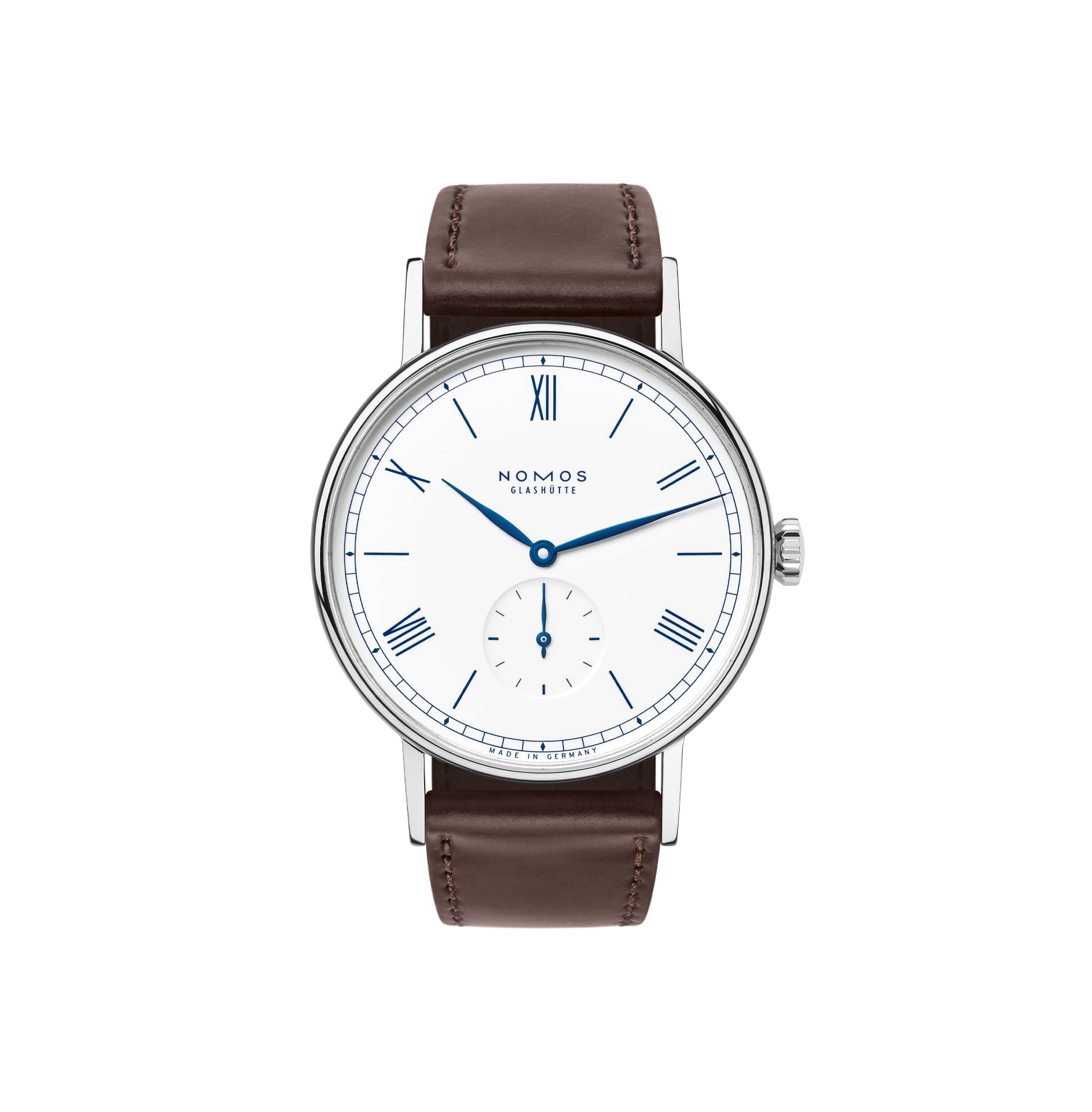 Ludwig AOYAGI　NM205.S5　NOMOS GLASHÜTTE ノモス・グラスヒュッテ 日本限定 ラドウィッグ AOYAGI Blue Willow Leaf 機械式腕時計、エナメルホワイトダイヤルにベロ藍ブルーのレイルウェイミニッツトラックと青焼きリーフ針を配置、手巻き自社キャリバーDUW4001搭載、約53時間パワーリザーブ、ステンレススチールケースとシースルーバックを備えたドイツ・グラスヒュッテ製腕時計