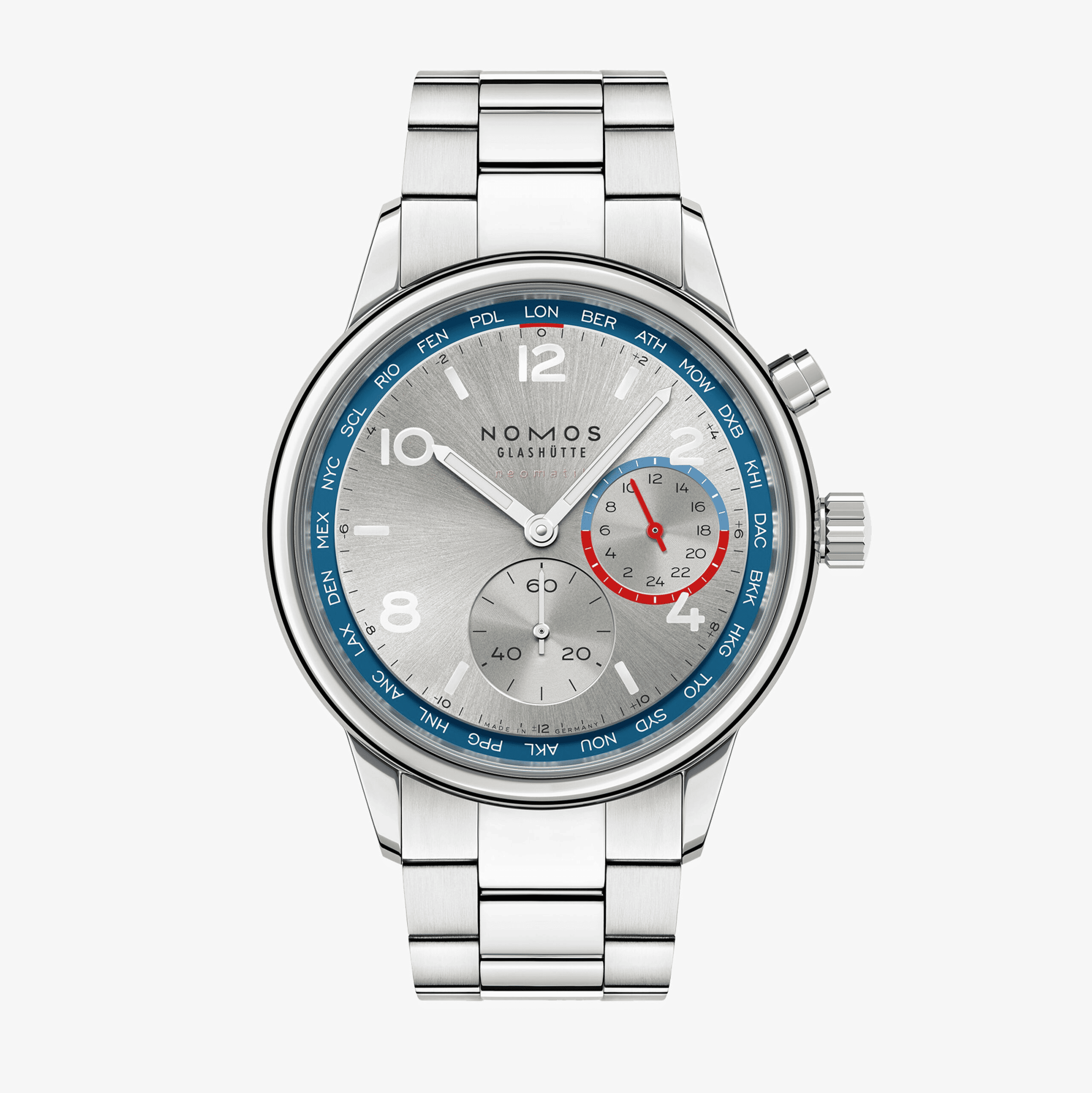 NOMOS Club Sport neomatik ワールドタイマー シルバー NM791は、世界最薄クラスのワールドタイム機構を搭載した革新的な自動巻き時計で、洗練されたシルバーダイヤルが際立つドレススポーツモデル。