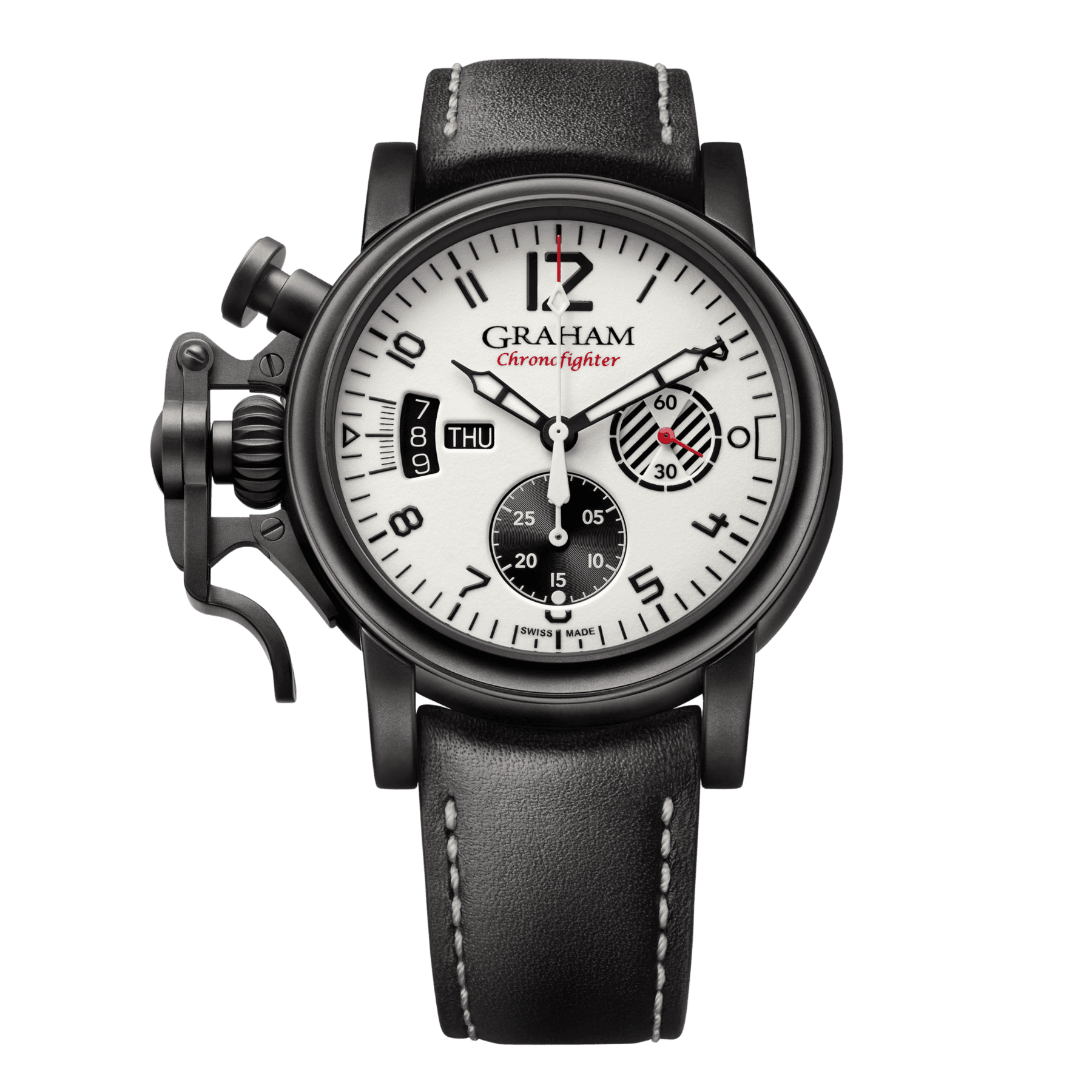 CHRONOFIGHTER VINTAGE AVIATOR DLC LIMITED EDITION　2CVAB.W03A　GRAHAM（グラハム）は、1995年にスイスで誕生したクロノグラフを中核とする機械式腕時計ブランド。偉大な時計師ジョージ・グラハムの名を冠し、他にはない大胆なデザインと力強い存在感を持つタイムピースを生み出してきました。象徴的な大型ケースやトリガー型クロノグラフプッシャーに代表される、ひと目でグラハムと分かる造形は、流行や無難さとは一線を画す“NOT EVERYBODY’S WATCH”という哲学を体現しています。堅牢なケース構造と本格的な機械式クロノグラフムーブメントを搭載し、視認性・操作性にも優れた実用的な腕時計でありながら、個性と主張を強く放つ一本。人と被らない時計を求める時計愛好家や、強いキャラクターを持つ腕時計を探している方にこそふさわしいブランドです。
