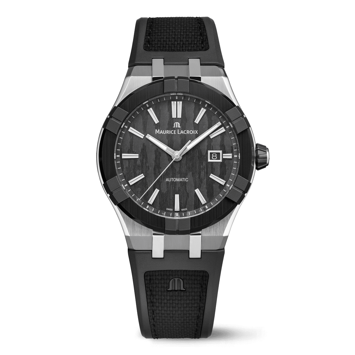 AIKONIC AUTOMATIC 43MM AC6008-SSL20-330-2モーリス・ラクロア（Maurice Lacroix）AIKONIC。都市的で洗練されたデザインに最高級テクニカルセラミックとバイマテリアルラバーストラップを融合した機械式腕時計。新開発ML1000キャリバー搭載、「Your Time is Now」の精神を体現。ブラック・ホワイト・ネイビーブルーの3色展開で、スーツからオフスタイルまで幅広く対応するビジネスパーソン必携の高精度ウォッチ。