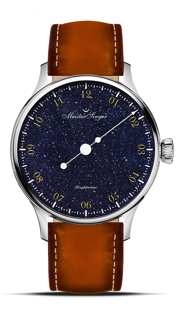 マイスタージンガー（MeisterSinger） パンゲア アベンチュリン 深いブルーダイヤルに無数の微光が瞬く、一本針の機械式腕時計。スイス製ムーブメントSellita SW200を搭載し、静かに時を刻むその姿は、冬の夜空を切り取ったかのよう。一本針が生む余白がアベンチュリンの奥行きを際立たせる、クラフツマンシップと美の融合モデル。
