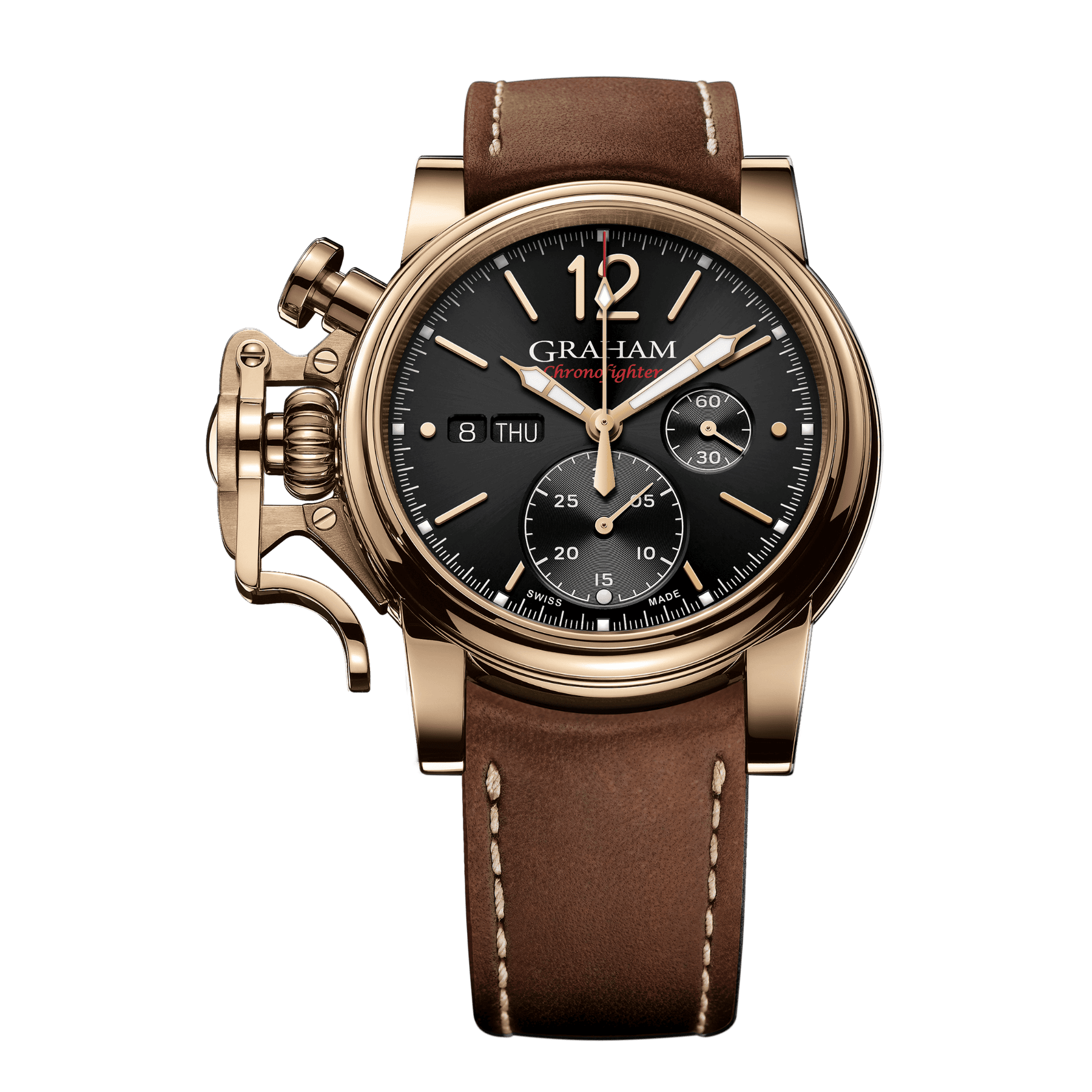 CHRONOFIGHTER VINTAGE BRONZE & BLACK 2CVAK.B26AGRAHAM（グラハム）は、1995年にスイスで誕生したクロノグラフを中核とする機械式腕時計ブランド。偉大な時計師ジョージ・グラハムの名を冠し、他にはない大胆なデザインと力強い存在感を持つタイムピースを生み出してきました。象徴的な大型ケースやトリガー型クロノグラフプッシャーに代表される、ひと目でグラハムと分かる造形は、流行や無難さとは一線を画す“NOT EVERYBODY’S WATCH”という哲学を体現しています。堅牢なケース構造と本格的な機械式クロノグラフムーブメントを搭載し、視認性・操作性にも優れた実用的な腕時計でありながら、個性と主張を強く放つ一本。人と被らない時計を求める時計愛好家や、強いキャラクターを持つ腕時計を探している方にこそふさわしいブランドです。