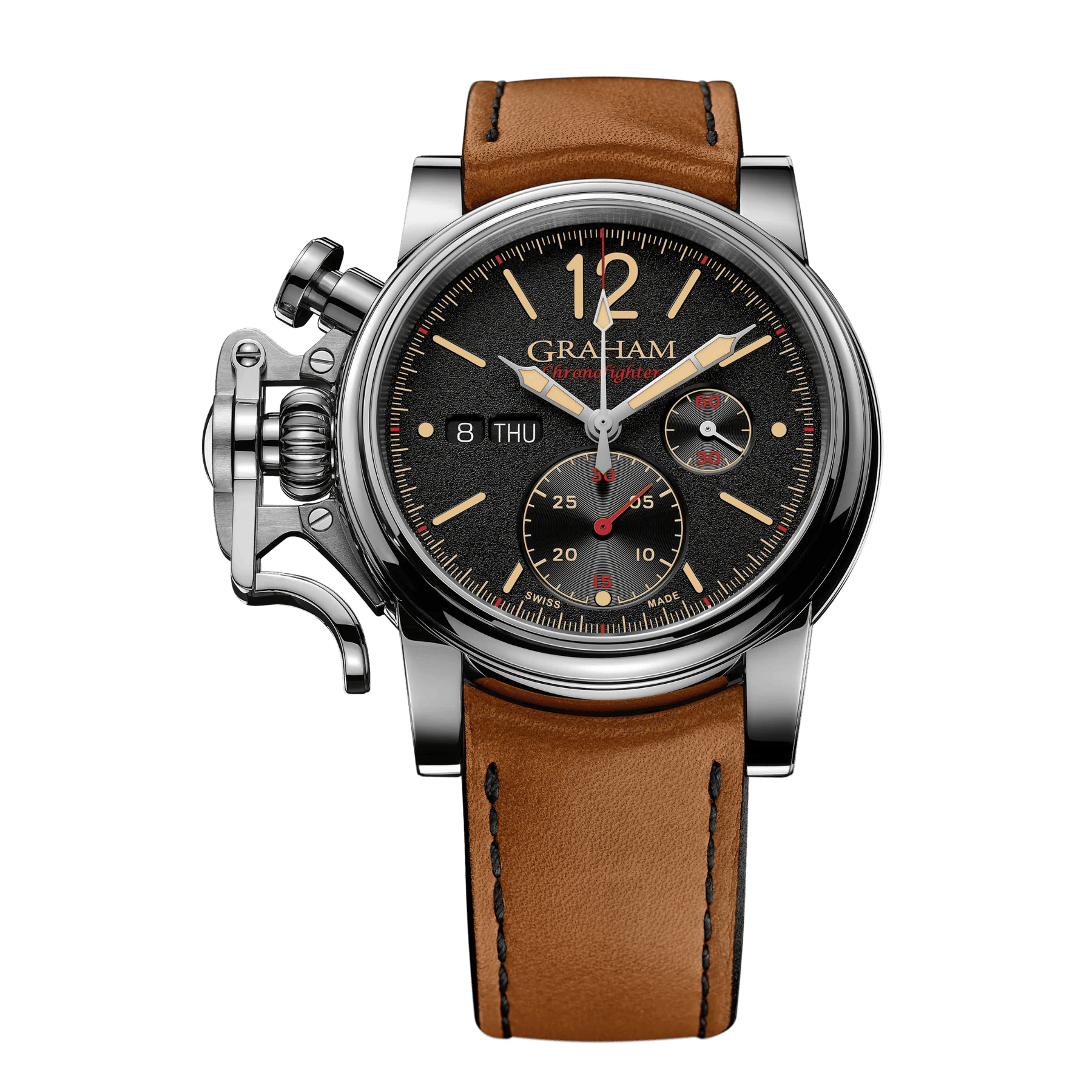 CHRONOFIGHTER VINTAGE LIGHT BROWN　2CVAS.B03AGRAHAM（グラハム）は、1995年にスイスで誕生したクロノグラフを中核とする機械式腕時計ブランド。偉大な時計師ジョージ・グラハムの名を冠し、他にはない大胆なデザインと力強い存在感を持つタイムピースを生み出してきました。象徴的な大型ケースやトリガー型クロノグラフプッシャーに代表される、ひと目でグラハムと分かる造形は、流行や無難さとは一線を画す“NOT EVERYBODY’S WATCH”という哲学を体現しています。堅牢なケース構造と本格的な機械式クロノグラフムーブメントを搭載し、視認性・操作性にも優れた実用的な腕時計でありながら、個性と主張を強く放つ一本。人と被らない時計を求める時計愛好家や、強いキャラクターを持つ腕時計を探している方にこそふさわしいブランドです。