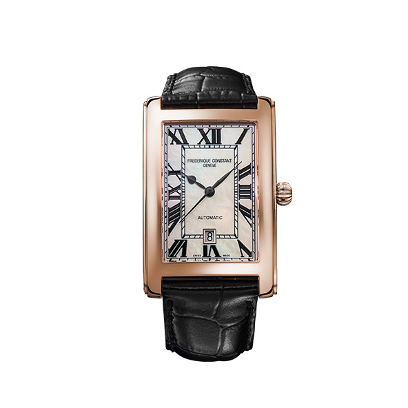クラシック カレ オートマチック　FC-303MPW4C4　フレデリック・コンスタントのデザインDNAである＜エレガント＞をより体現する日本限定。文字盤には、上品な美しさ、そして天然素材のため同じ模様が存在しないマザーオブパールを全面に採用しました。アールデコの典型的なデザインで、ケース、レイルウェイ、デイト表示と、カレ“角”をベースにしたバランスがとても美しい時計。ペアウォッチとしてもご着用いただける時計です。