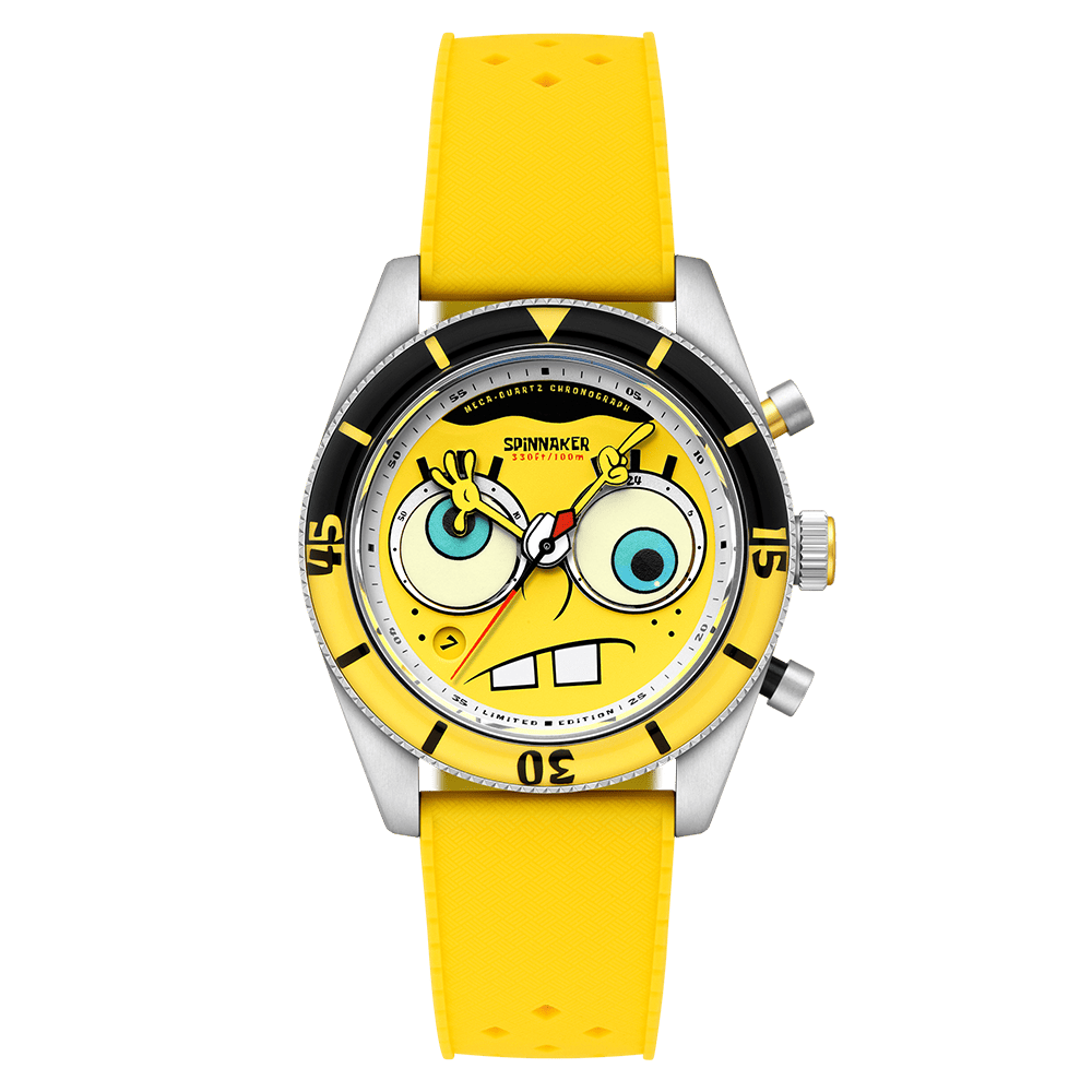 FLEUSS CHRONOGRAPH SPONGEBOB SQUAREPANTS EYEDIAL SP-5154-01は、世界700本限定のスポンジ・ボブ公式コラボ腕時計で、彼の瞳がグルグルと動くギミックや両腕をかたどった時分針、ネクタイを模した秒針など、遊び心とディテールに満ちたデザインが魅力。海底の世界観を再現するスイス製ルミノバによる夜光仕様、日本製クォーツムーブメントの信頼性、アニメと時計の融合を楽しめる特別なリミテッドエディション。