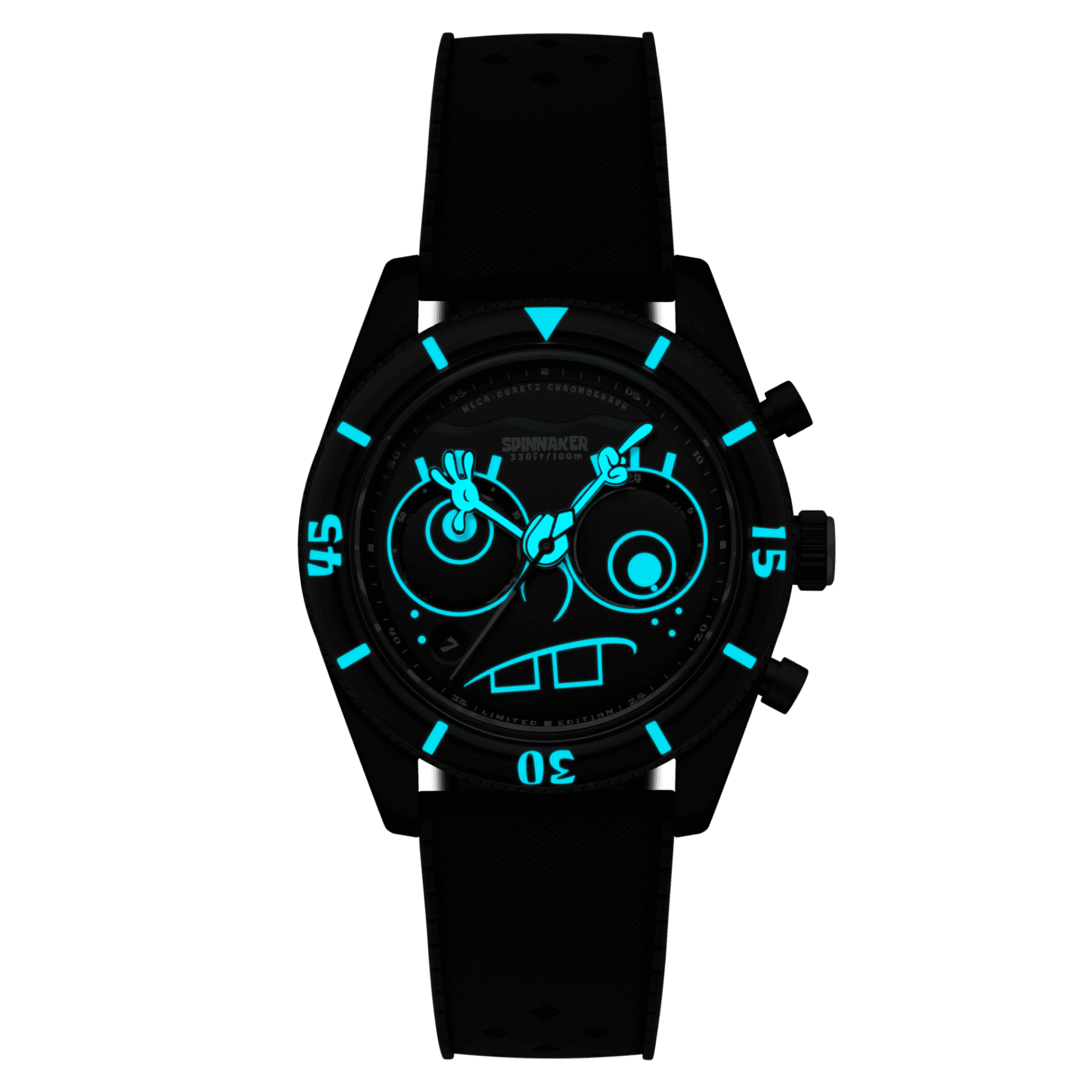 世界650本限定のFLEUSS CHRONOGRAPH SPONGEBOB SQUAREPANTS EYEDIAL SP-5154-02は、愛らしいスポンジ・ボブの表情とグルグルと回転する目玉ギミック、両腕で表現された時分針、ネクタイ型の秒針など、遊び心あふれるデザインが魅力の限定クロノグラフ腕時計。『スポンジ・ボブ』の世界観をユーモラスに再現しつつ、日本製ムーブメントとスイス製ルミノバによる実用性も兼ね備えた、アニメファンと時計好きの両方におすすめのスペシャルモデル。