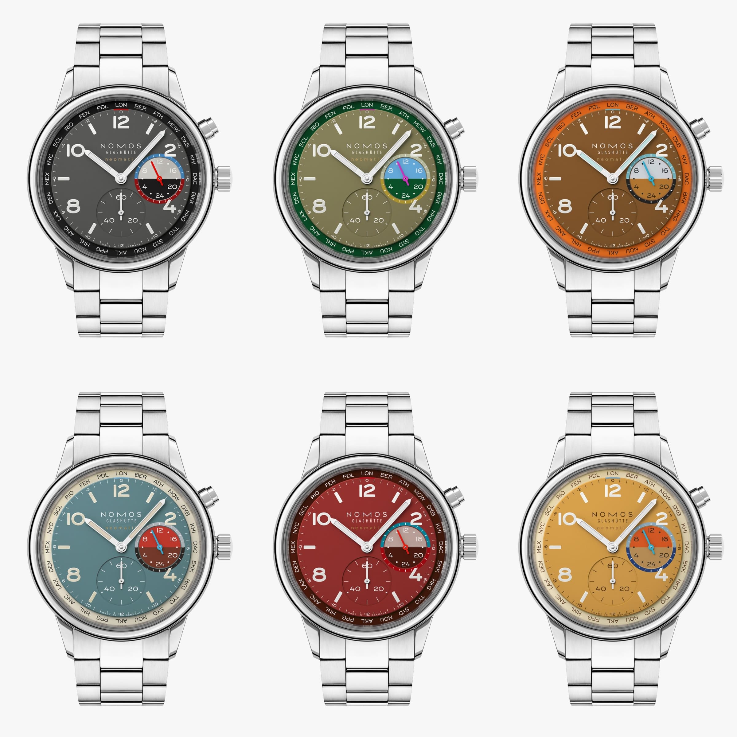 クラブ・スポーツ ネオマティック ワールドタイマー ジャングル　NM790.S6NOMOS GLASHÜTTE この腕時計の鮮やかな緑は、鬱蒼とした熱帯雨林を思わせます。熱帯地域の大きな葉っぱの豊かなディープグリーン、下生えのオリーブグリーン、新芽の淡い緑の全てがあり、オーキッドピンクとウォーターブルーの細部は、ダイアルにコントラストをもたらしています。自動巻きキャリバーを搭載するこのワールドタイム機能付き腕時計においては、スポーティーさと機能性が均衡しており、一目で24のタイムゾーンを見ることができ、セカンドタイムゾーンの24時間表示も備わっています。ジャングルは175本限定であり、世界との特別な自分だけの繋がりをもたらします。