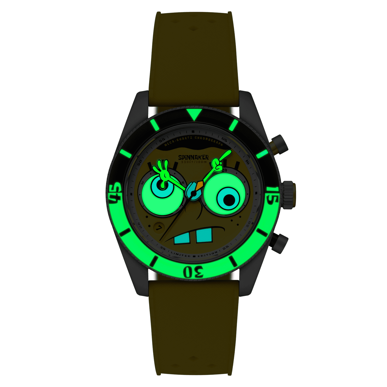 FLEUSS CHRONOGRAPH SPONGEBOB SQUAREPANTS EYEDIAL SP-5154-01は、世界700本限定のスポンジ・ボブ公式コラボ腕時計で、彼の瞳がグルグルと動くギミックや両腕をかたどった時分針、ネクタイを模した秒針など、遊び心とディテールに満ちたデザインが魅力。海底の世界観を再現するスイス製ルミノバによる夜光仕様、日本製クォーツムーブメントの信頼性、アニメと時計の融合を楽しめる特別なリミテッドエディション。