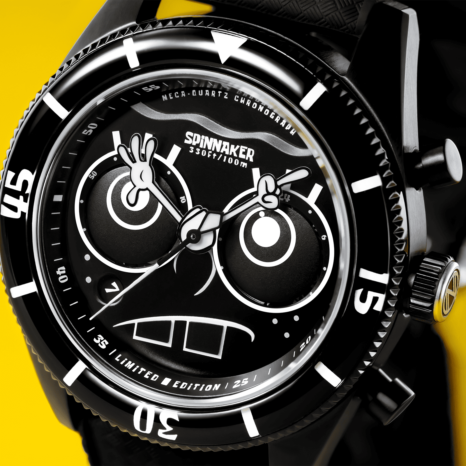 世界650本限定のFLEUSS CHRONOGRAPH SPONGEBOB SQUAREPANTS EYEDIAL SP-5154-02は、愛らしいスポンジ・ボブの表情とグルグルと回転する目玉ギミック、両腕で表現された時分針、ネクタイ型の秒針など、遊び心あふれるデザインが魅力の限定クロノグラフ腕時計。『スポンジ・ボブ』の世界観をユーモラスに再現しつつ、日本製ムーブメントとスイス製ルミノバによる実用性も兼ね備えた、アニメファンと時計好きの両方におすすめのスペシャルモデル。