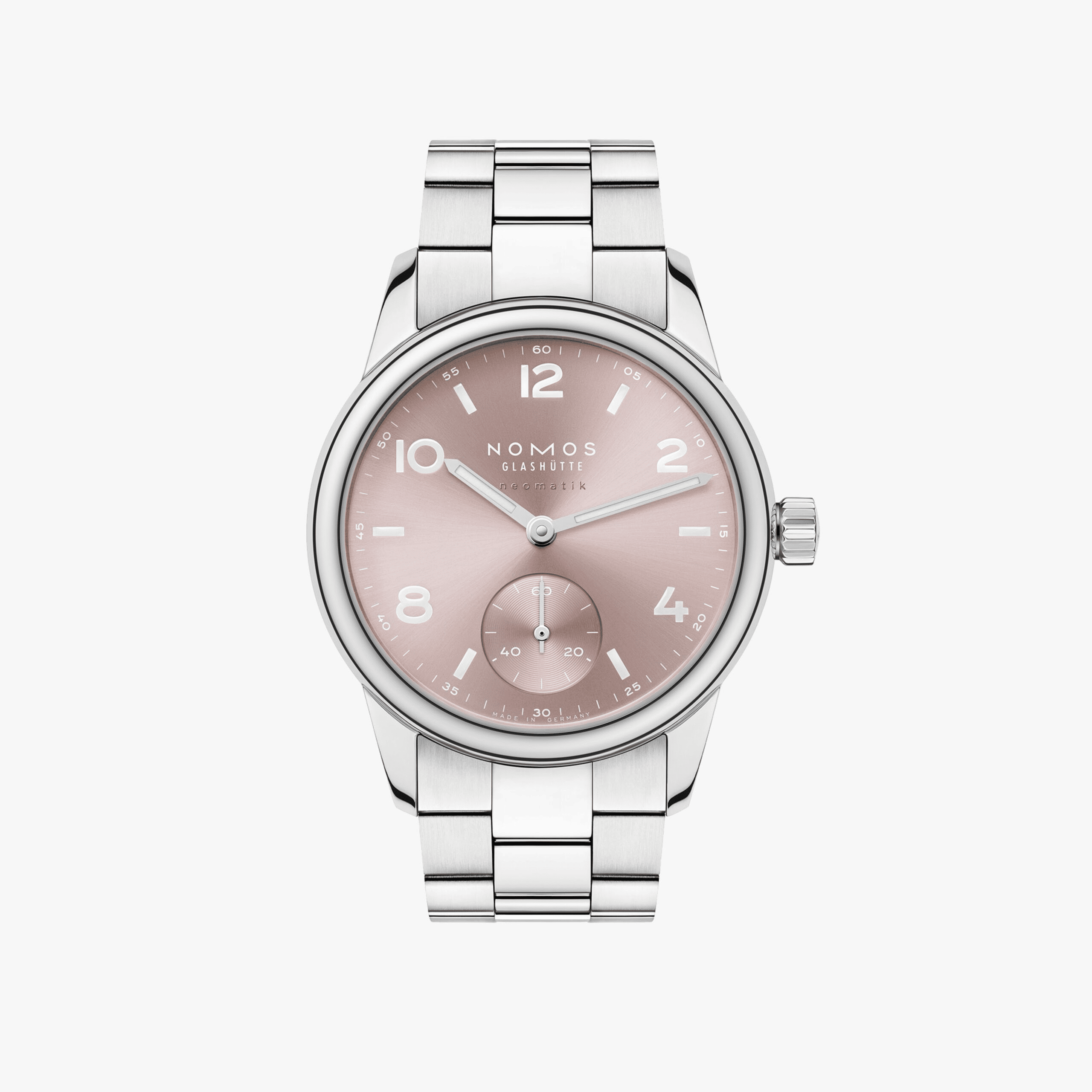 NOMOS Glashütte NM756 クラブ・スポーツ ネオマティック 34mm ローズ―自社製DUW 3001ムーブメントを搭載し、厚さ8.2mmの薄型ケースとシルバーローズの気品あるダイヤルが魅力のドイツ製自動巻き腕時計