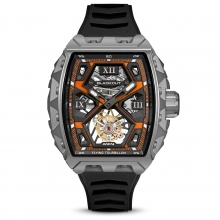 XP1 Tourbillon Titanium Orange / BOXP1TBTIOR ⾼品質のアジア製トゥールビヨンを輸⼊し、それをスイス・ジュネーブの自社工房で熟練の職人達の手により再構築。部品はスイスの自社工場で徹底的に検査され、必要に応じて加工された後、現地で組み立て。このプロセスにより、手の届く価格でありながら、スイス製の高級トゥールビヨンにも匹敵するクオリティが実現させました。