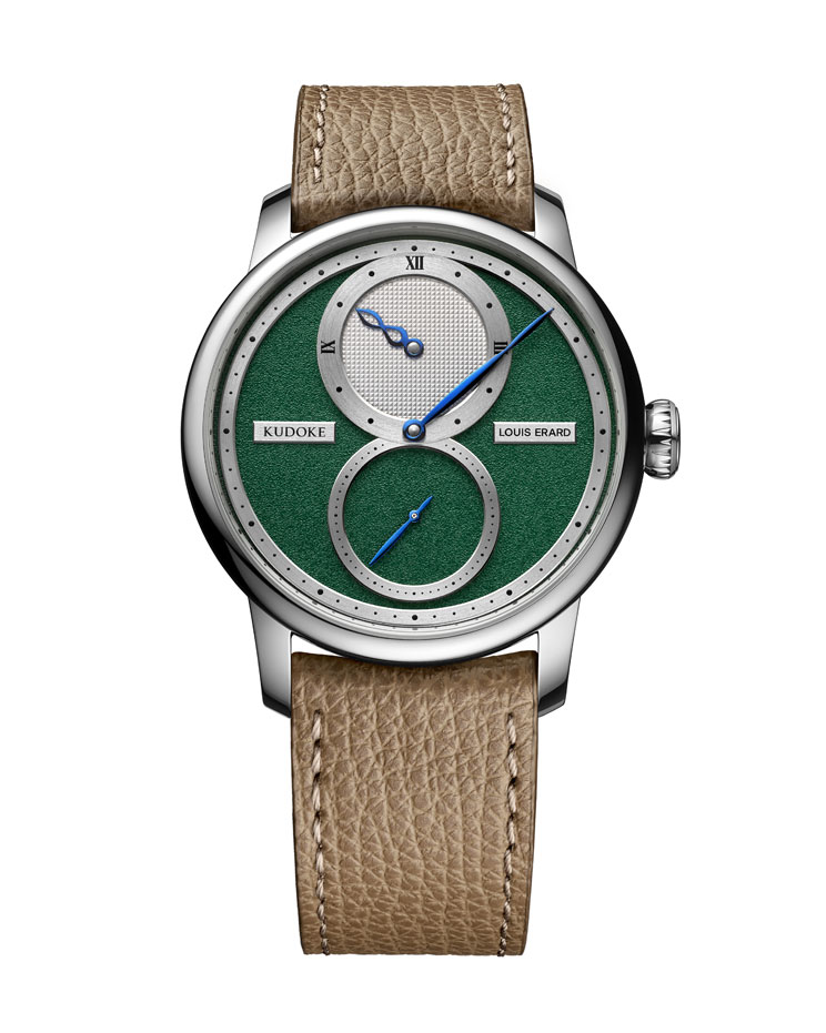 ノワールモンX レギュレイター ルイ・エラール×クドケ LE85237AA49BVA178 ドイツの独立時計師であるステファン・クドケとのコラボレーションです。ステファン・クドケのシグネチャーである精微なディテールと、ルイ・エラールの象徴的なレギュレーター表示が融合した美しい時計が生まれました。青焼きされた時針、分針、秒針がそれぞれ直列に配される美しいルイ・エラールのレギュレーター表示の時計には、ステファン・クドケのアイコニックな「インフィニティ ハンズ」のデザインが12時位置の時針に取り入れられています。