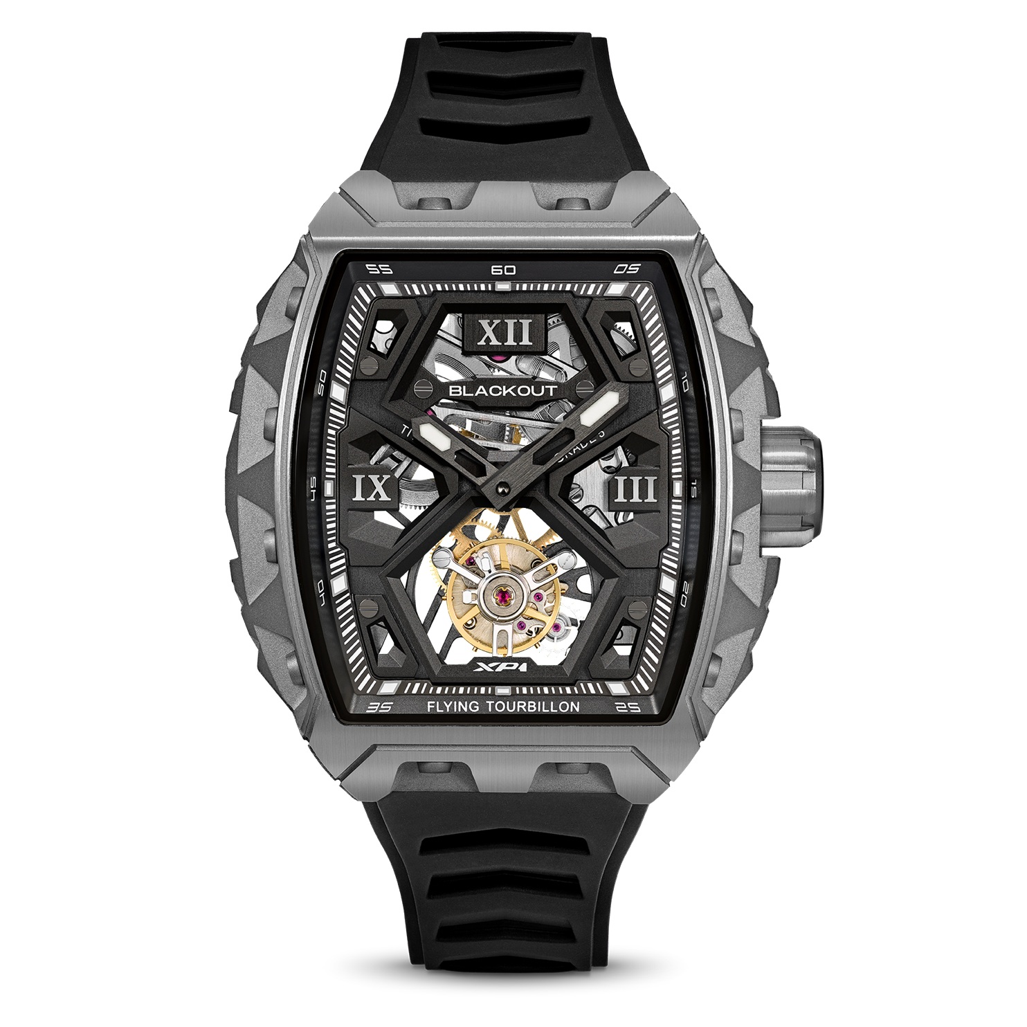 XP1 トゥールビヨン Tourbillon Titanium Black / BOXP1TBTIBK　⾼品質のアジア製トゥールビヨンを輸⼊し、それをスイス・ジュネーブの自社工房で熟練の職人達の手により再構築。部品はスイスの自社工場で徹底的に検査され、必要に応じて加工された後、現地で組み立て。このプロセスにより、手の届く価格でありながら、スイス製の高級トゥールビヨンにも匹敵するクオリティが実現させました。