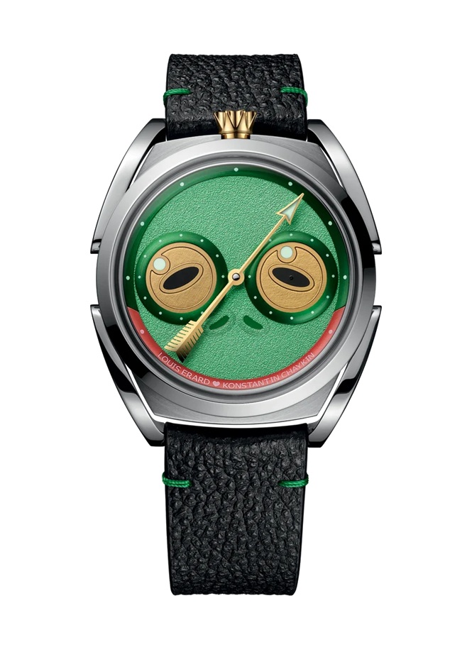 「Noirmont」X　Regulator　 Louis Erard × Konstantin Chaykin Unfrogettable LE85340AA01BVA191 ルイ・エラールとコンスタンティン・チャイキンが衝撃的な作品を携え帰ってきました。かつて見たことのないカエルの王女様「Unfrogettable（アンフロゲッタブル）」の登場。スラヴ神話の生まれで、サムライの甲冑をまとい、スイスのジュラ山脈で製作されました。ケースは完全に作り直され、レギュレーターは生き物に生まれ変わりました。身に着けられる魔法の杖。チャイキンの独創的な発想とルイ・エラールの反骨精神によって作り出されたこの時計は、楽しさを超えた精密さ、狂気を超えた熟練の技で誰も望んでいなかったが、誰もが忘れられない作品です。