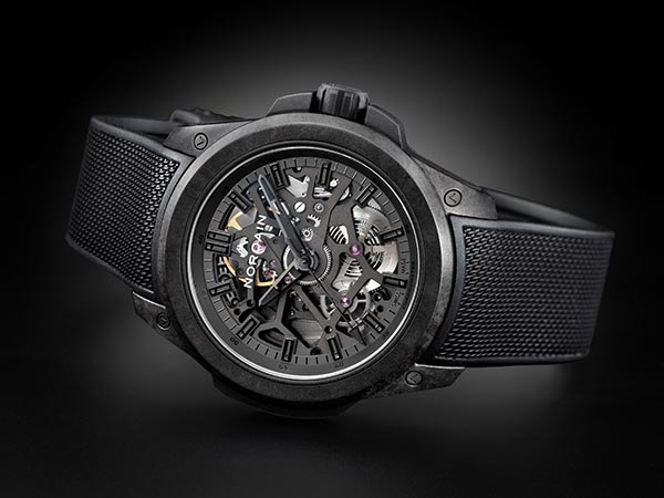 NORQAIN(ノルケイン) ノルケインがTHREECの特別オーダーを受け生み出したオールブラックのコレクションアイテム。ノルケイン「ワイルドワン スケルトン 39mm “スリーク” リミテッドエディション」