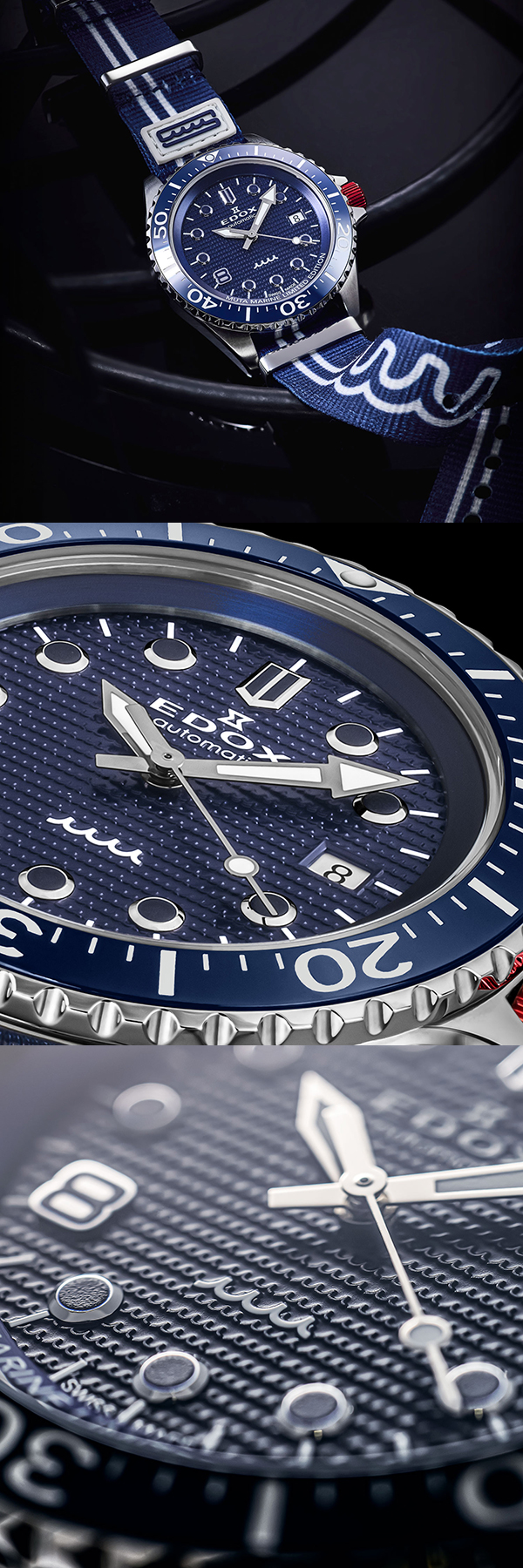 EDOX(エドックス) 2026新作 ブルー・ホワイト・レッドが映えるマリンカラーとウェーブ、No.8が際立つ、ムータ・マリンとのコラボレーションモデル。エドックス「ネプチュニアン グランデ リザーブ デイト オートマティック ムータ・マリン スペシャル エディション」