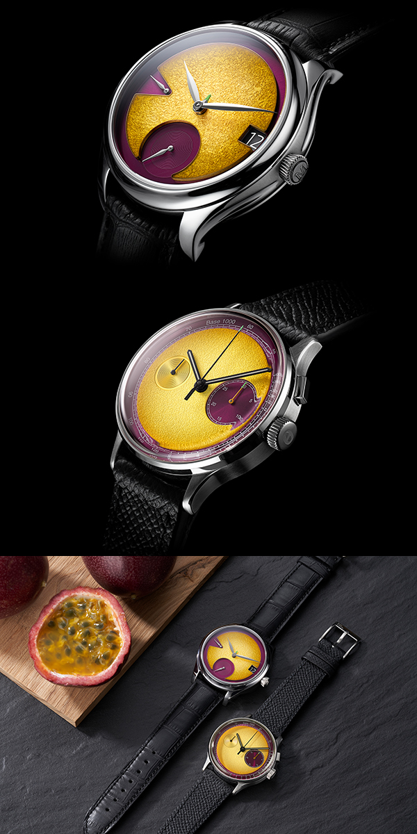 H.Moser & Cie.(H.モーザー) 2024年新作 遊び心あふれる型破りなコラボレーション。H.モーザー「エンデバー・パーペチュアルカレンダー パッションフルーツ」、スタジオ・アンダードッグ「03シリーズ パッションフルーツ」