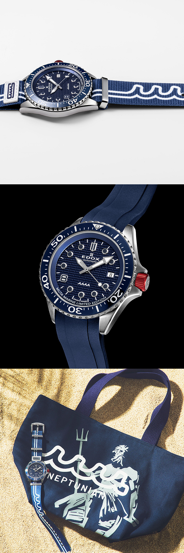 EDOX(エドックス) 2026新作 ブルー・ホワイト・レッドが映えるマリンカラーとウェーブ、No.8が際立つ、ムータ・マリンとのコラボレーションモデル。エドックス「ネプチュニアン グランデ リザーブ デイト オートマティック ムータ・マリン スペシャル エディション」