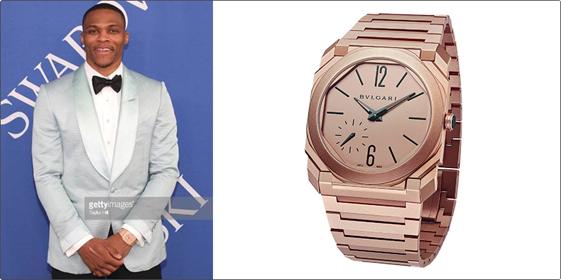 NBA選手のラッセル・ウェストブルックがブルガリのオクト フィニッシモを身に着けてCFDAファッションアワードに登場