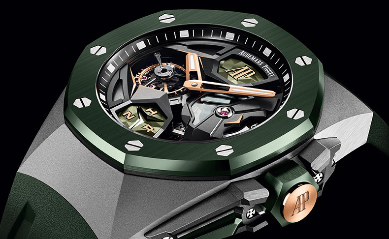 2022新作 グリーンカラーのコンテンポラリーなコンプリケーション。オーデマ ピゲ「ロイヤル オーク コンセプト フライング トゥールビヨン GMT」