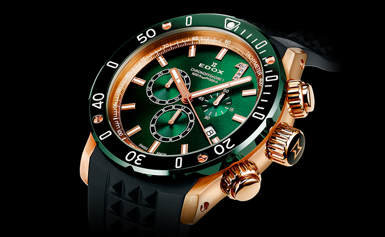 2021新作 タフネスとエレガンスを併せ持つタイムピース。エドックス「クロノオフショア1」グリーンダイアル