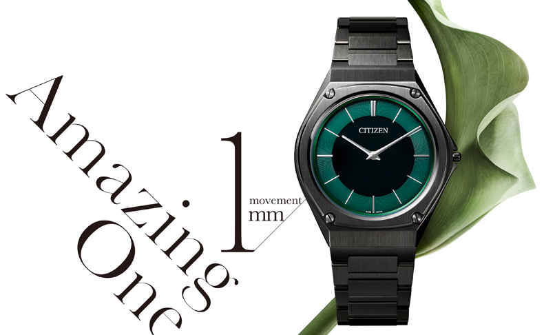 2022新作 厚さ1.00mmの光発電エコ･ドライブムーブメント搭載、オールブラックにフォレストグリーンが映える限定モデル。シチズン「エコ・ドライブ ワン」
