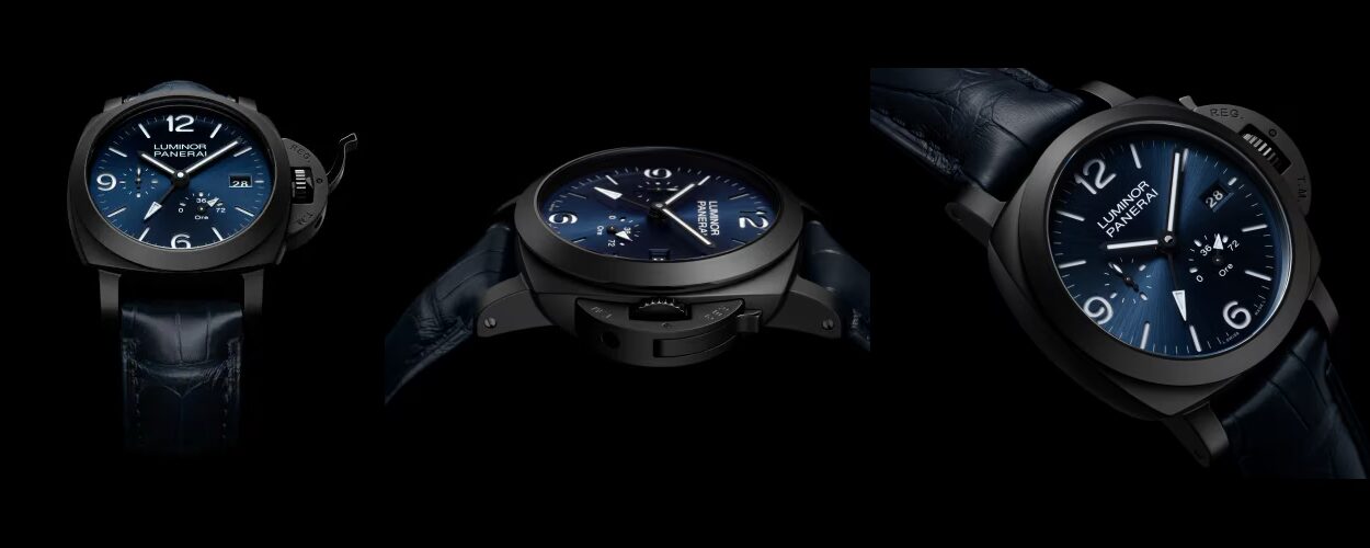  PANERAI【パネライ】漆黒のセラミックケースと深邃なブルー文字盤が際立つ、GMTパワーリザーブ機能搭載モデル「PAM01574 ルミノール GMT パワーリザーブ セラミカ – 44mm」　【久々の入荷情報！！】