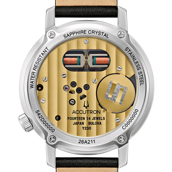 当時のモデルではコインで開閉する電池のフタや針合わせ用の折りたたみ式ノブがあるクローズド・バックだったが、新作「チューニングフォーク スペースビュー 314」では裏側の仕上げも鑑賞できるようにするため両面シースルー仕様となった。