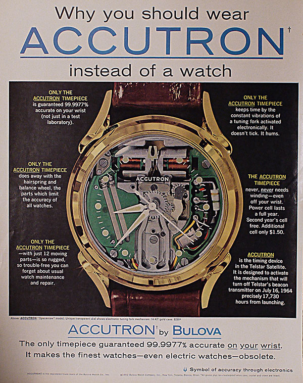 1960年代当時のアメリカの雑誌広告。「アキュトロン」という名称は「Accuracy(正確性)」と「Electron(電子)」による造語。この広告でも1960年代当時の最新電子技術を駆使した高精度な腕時計であることを訴求している。(広告も名畑所有)