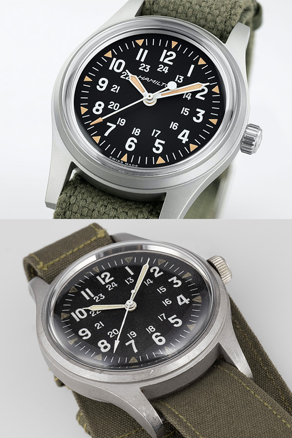 新作の「カーキ フィールド メカ 36mm ジャパン エディション」（左）と、その原典である米空軍パイロット用ナビゲーターウォッチ「FAPD-5101」、通称「タイプ1 ナビゲーター」（右）のダイアルを比較する