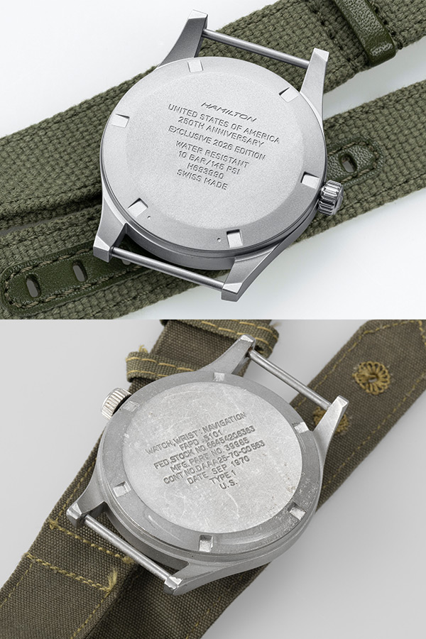 新作（左）のケースバックには米建国250周年記念の特別モデルである旨と、10気圧／145PSIや固体番号等が刻印される（※註：PSI＝Pounds per Square Inch　1平方インチ辺りの圧力の意味でポンドで表示される。1ポンド＝0.06895気圧なので、145pounds≒9.99気圧、つまり10気圧になる）。