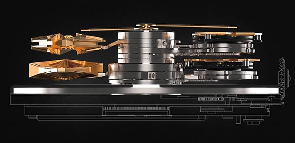 ムーブメント自体の厚さは約3.75mmの極薄設計とし、機構を下部に集約。